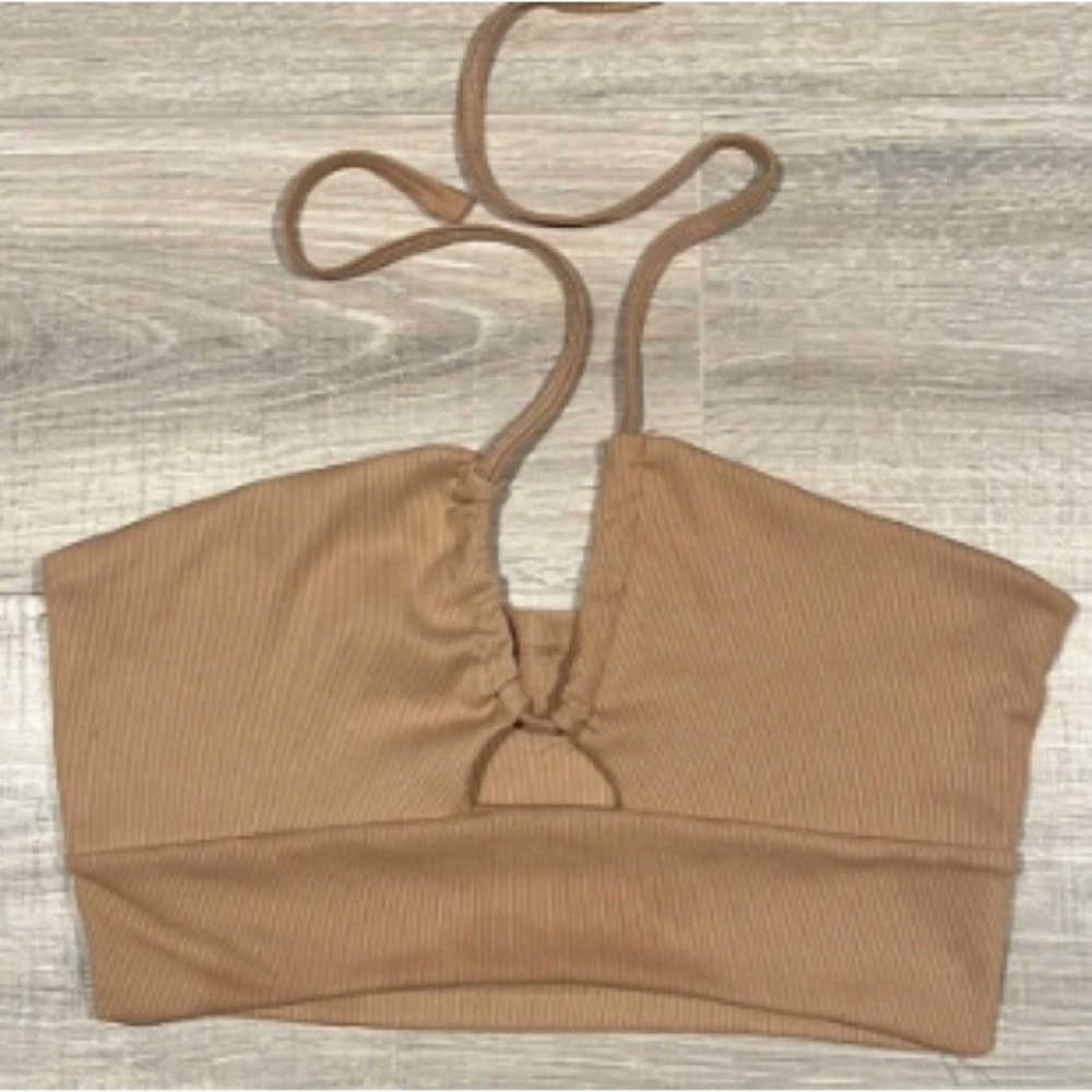 Ribbed Halter Crop Top in Camel